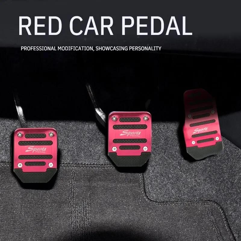 Universal Car Pedal Cover Set - Aluminum Automatic Transmission Brake Fuel Gas Foot Pad Red  Non-Slip