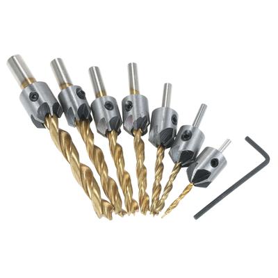 8Pcs Woodworking Chamfer Drilling Tools Set Including 7Pcs Three-Point Countersink Drill Bits +