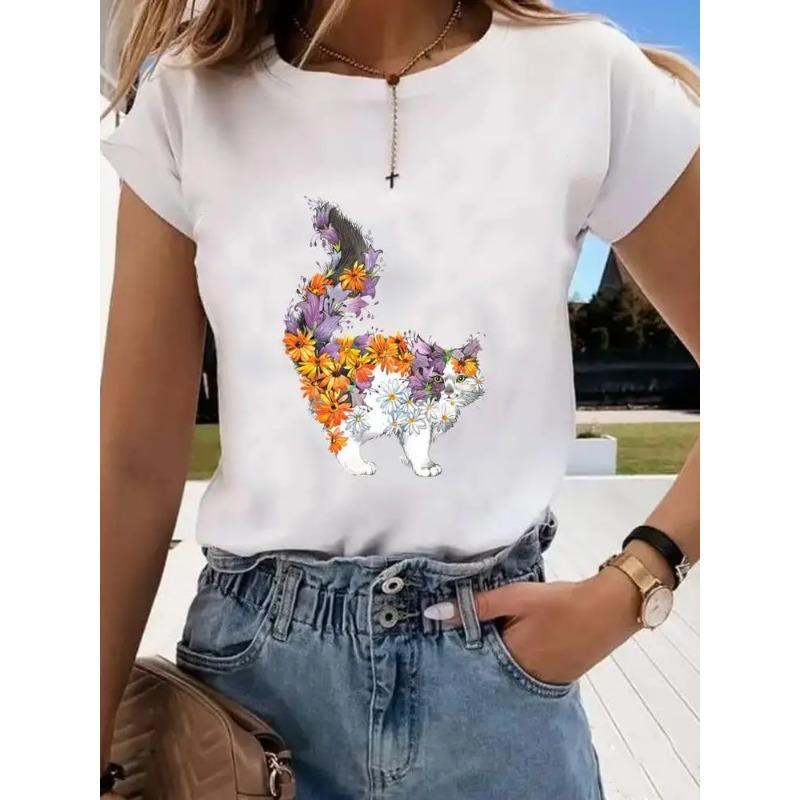 Short Sleeve Print Clothes Women Spring Summer Female Tee Fashion Cat Love Sweet Valentine Shirt Lady Graphic T-shirt