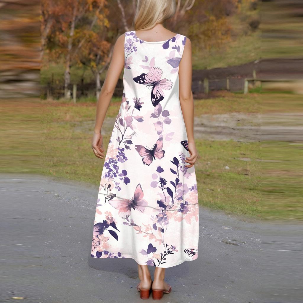 Women's Casual Floor-length Sundress Summer Beach Dress Round Neck Sleeveless Loose  Print Sundress
