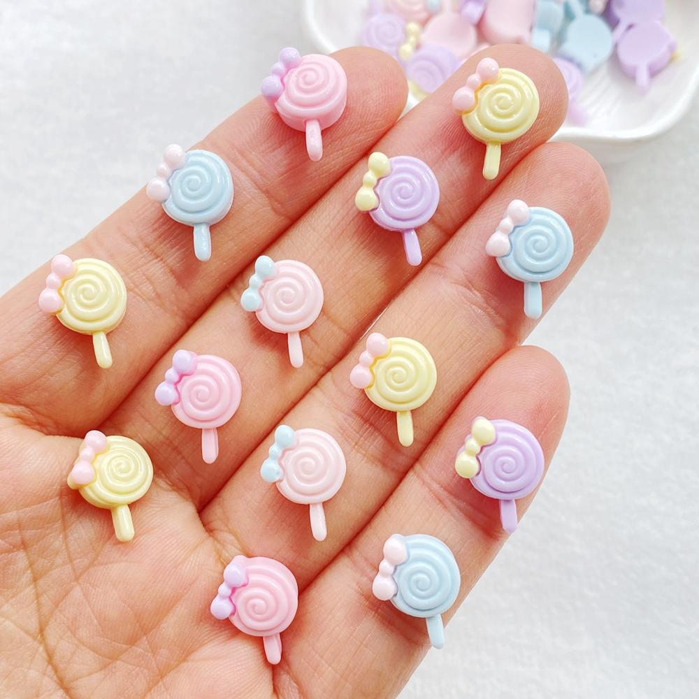 30Pcs New Cute Resin Cartoon Bow Shaped Lollipop Series Flat Back Manicure Parts Embellishments For Hair Bows Accessories