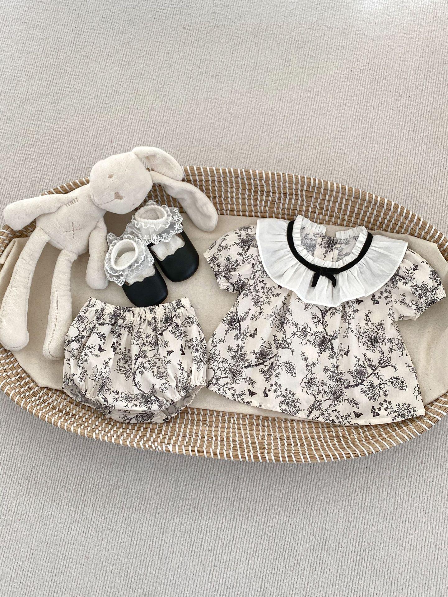 Baby Girl Summer Chinese Ink Floral Print Collared Short Sleeve Top And Romper Two Piece Set Outfit 66cm