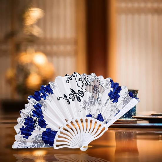Plastic Folding Fan Chinese Style Retro Flower Plain Painting Soft Faux Silk Decorative Handheld Wedding Party Elegant Ladies Craft Cloth Fan Women
