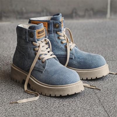 Martin Boots Men's Autumn New British Denim High-top Retro Locomotive Medium-top Thick-soled Tooling Boots
