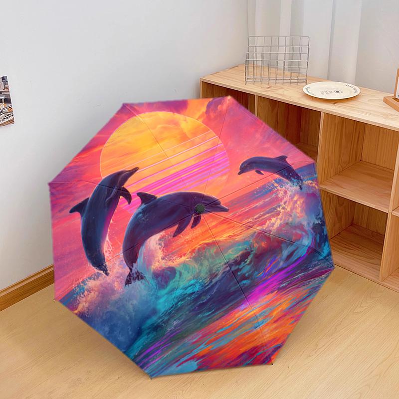 1 Pezzo Ombrello Pieghevole Automatico - Fantasia Delfini, Design Portatile e Pieghevole con 8 Stecche, Regali di Natale e Compleanno