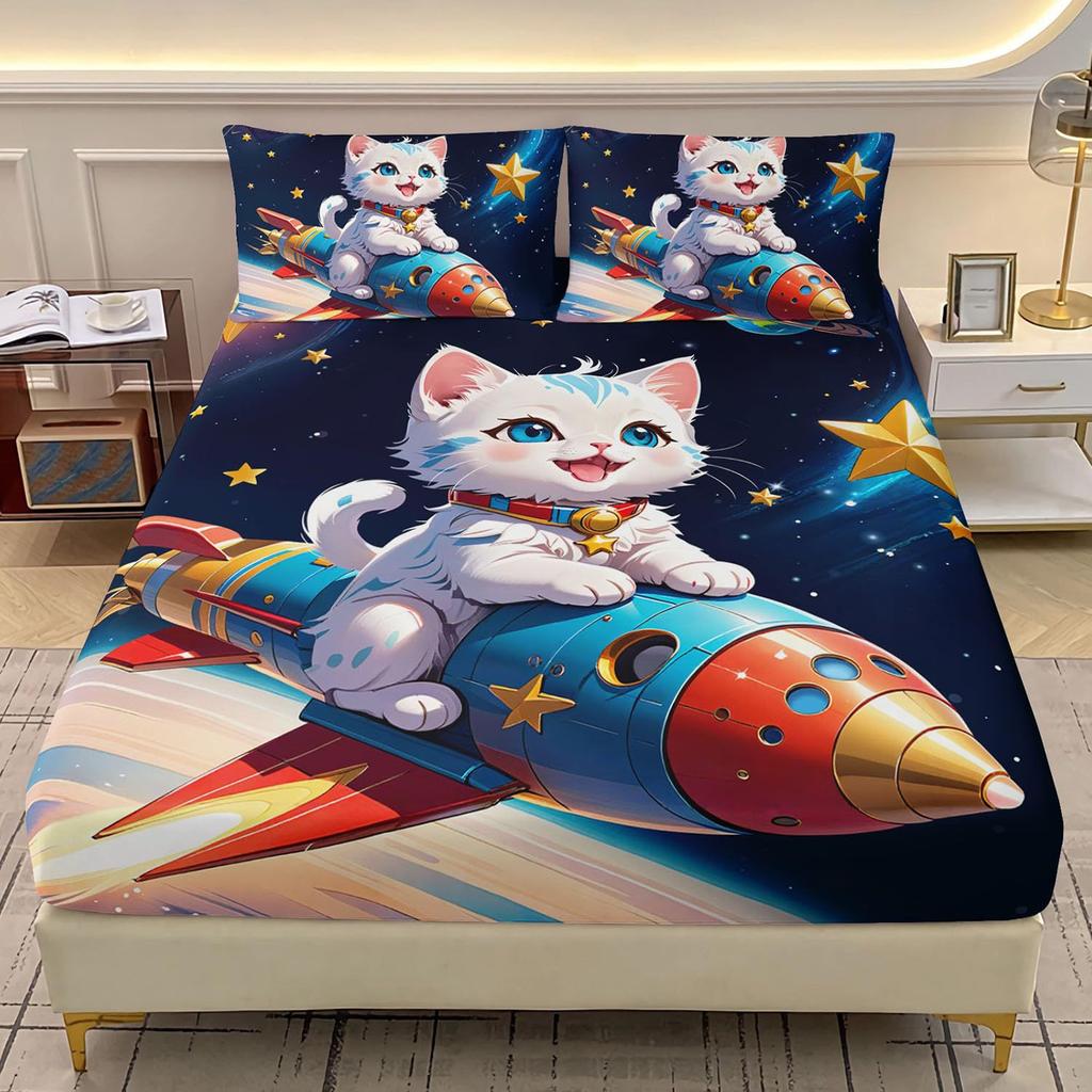 Cat Astronaut Pattern Mattress Three-Piece Digital Printing Mattress Bedding Set Adult Children
