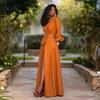 Women's V Neck Long Sleeve Maxi Dress Fitted Mid Waist Solid High Slit Ruffle Cuff Elegant Evening Shirt Dress