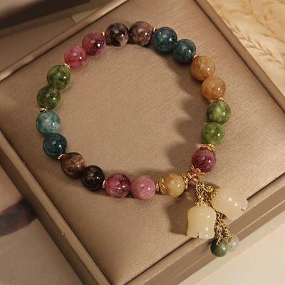 Bracciale con Pendente in Cristallo di Tormalina Colore Naturale alla Moda per Donna, Lusso Leggero, Pendente Orchidea, Bracciale con Perline, Regalo di Compleanno, Gioielli da Festa AVE