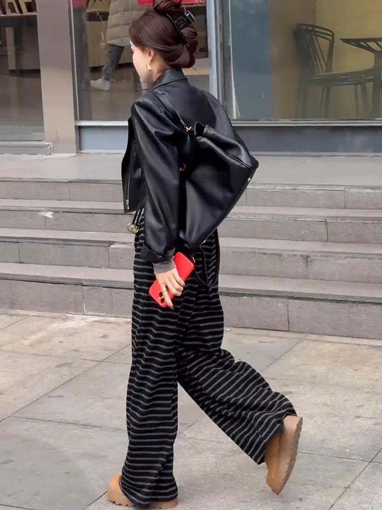 Women's Striped Wide-Leg High-Waisted Pants - Lazy Spring 2025 Korean Style Casual Trousers