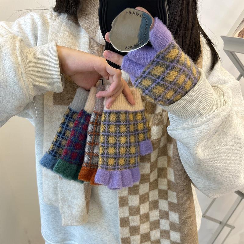 Warm gloves, women's autumn and winter knitted wool, contrasting colors, plaid, velvet, half fingers, half fingers, half fingers, students
