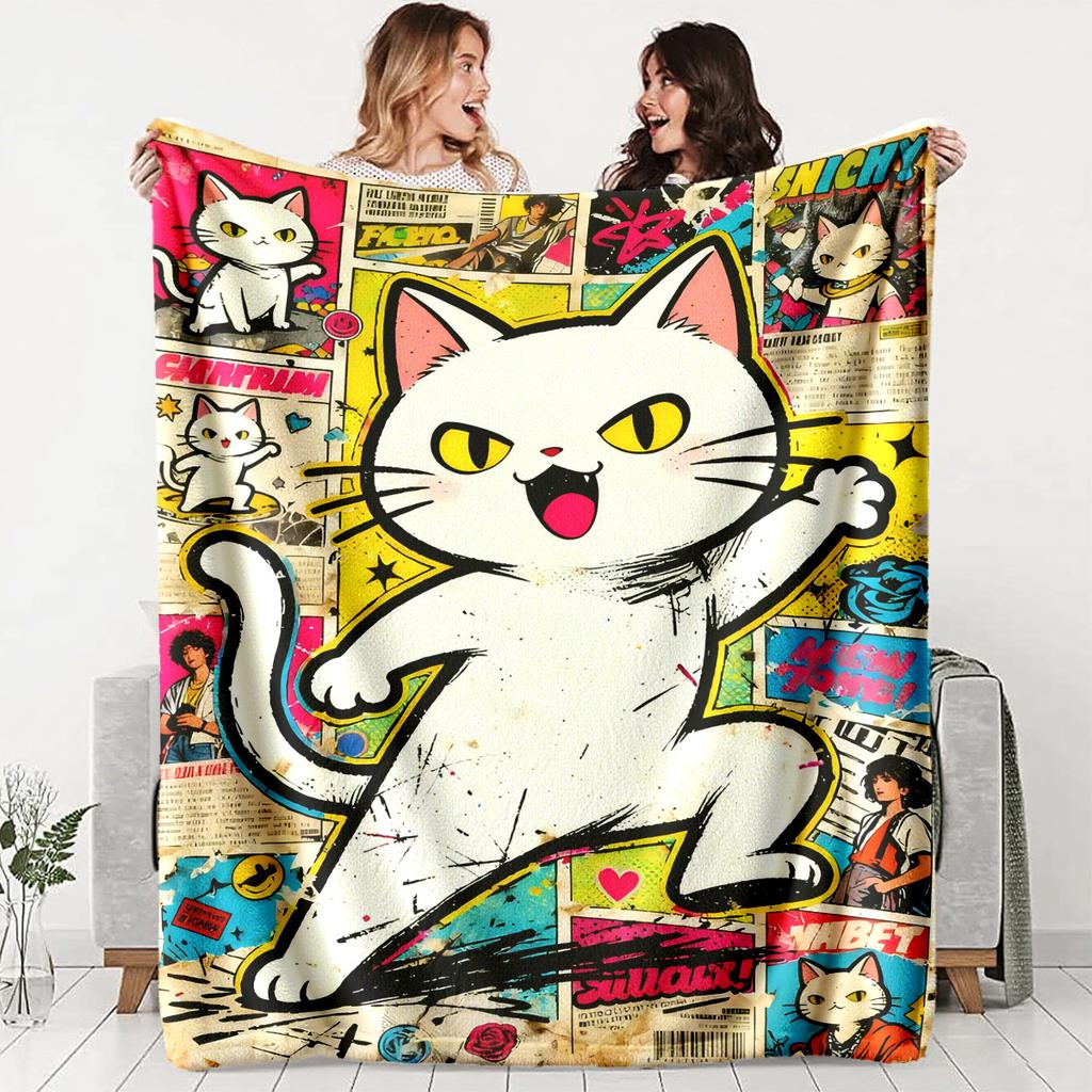 Cartoonstyle White Cat Trendy Theme Flannel Printed Blanket Suitable for All Seasons Suitable for Living Office Sofa and Travel