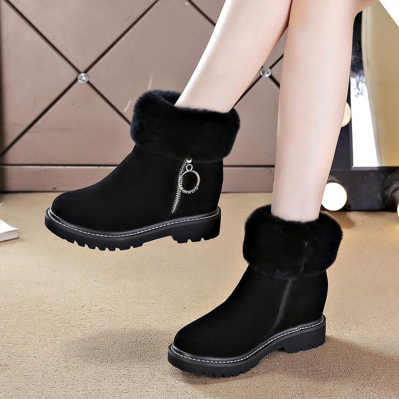 Snow boots for women, inner heightening short boots, velvet Martin boots with thick soles, new rabbit fur casual cotton boots in winter