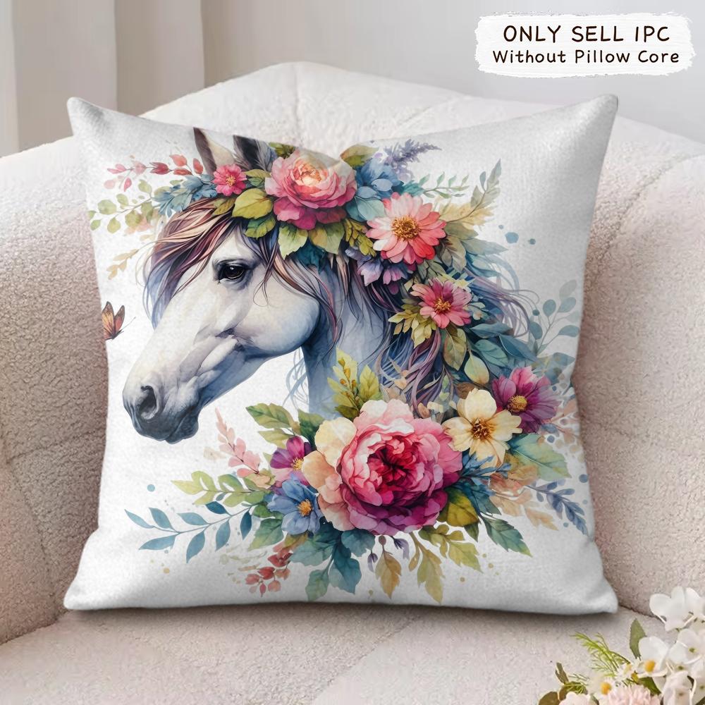 Watercolor Horse  Floral Cushion Cover Soft Plush Fabric DoubleSided Printed Cushion Covers for All Seasons Modern Home Decor