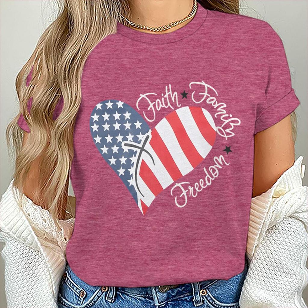 Womens Unisexs Faith Family Freedom T Shirts Fashion Vintage American Flag Heart Graphic Tee Casual Summer Short Sleeve Tops