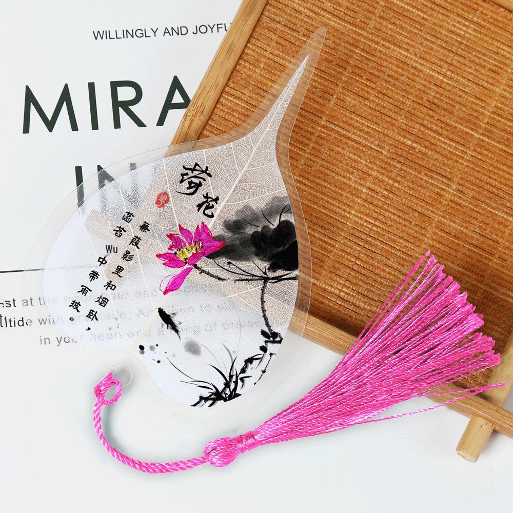 Chinese Bodhi Leaf Bookmark: Floral Ink Wash Style with Peach Blossom, Peony, and Lotus
