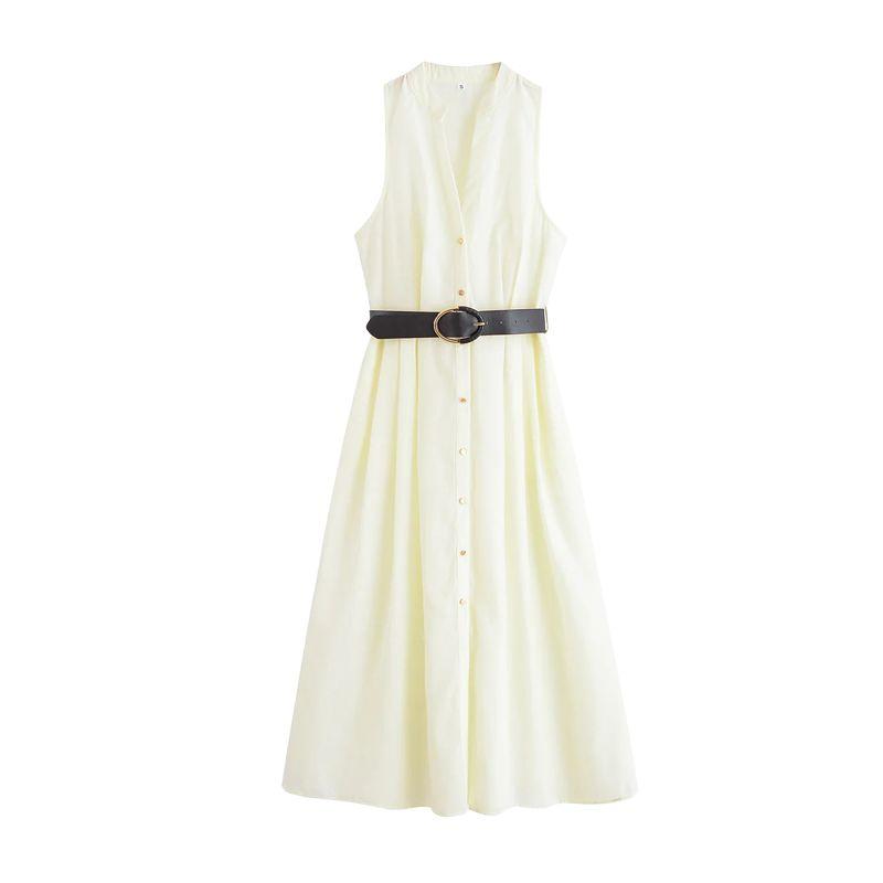 Summer New Women clothes Pleated Decorative Single-Breasted With Belt V-neck Sleeveless Midi Dress 5029101