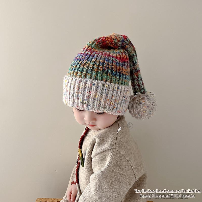 Children's Rainbow Ear Protection Knit Hat - Warm Woolen Pullover for Autumn and Winter
