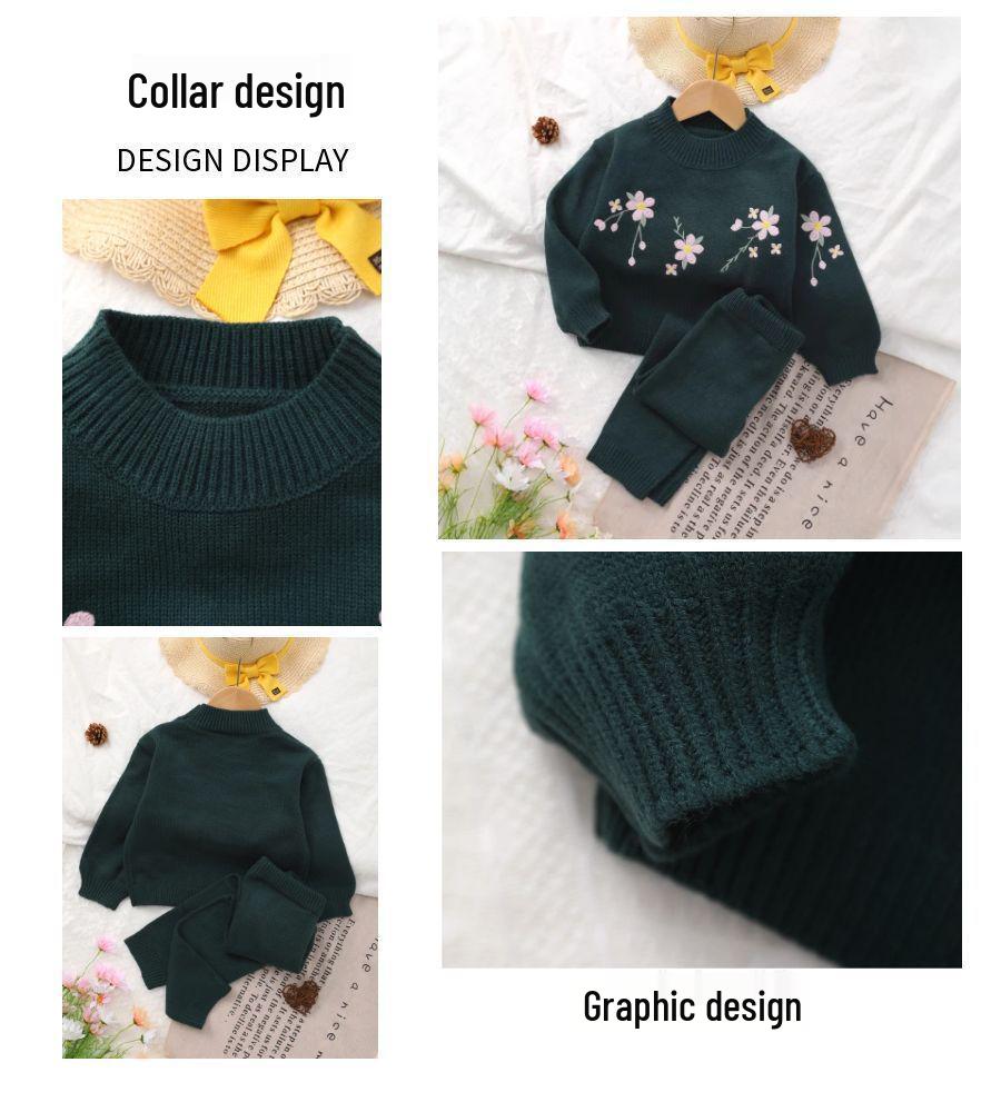2023 Fall/Winter Floral Pattern Knit Sweater Set for Girls