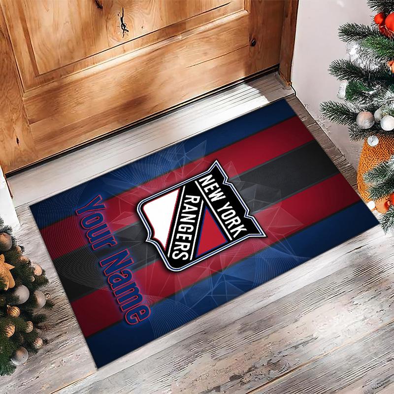 New York Rangers Crystal Velvet Rug, Custom Name Text Personalized Non‑Slip Floor Mat for Home Decor Gift