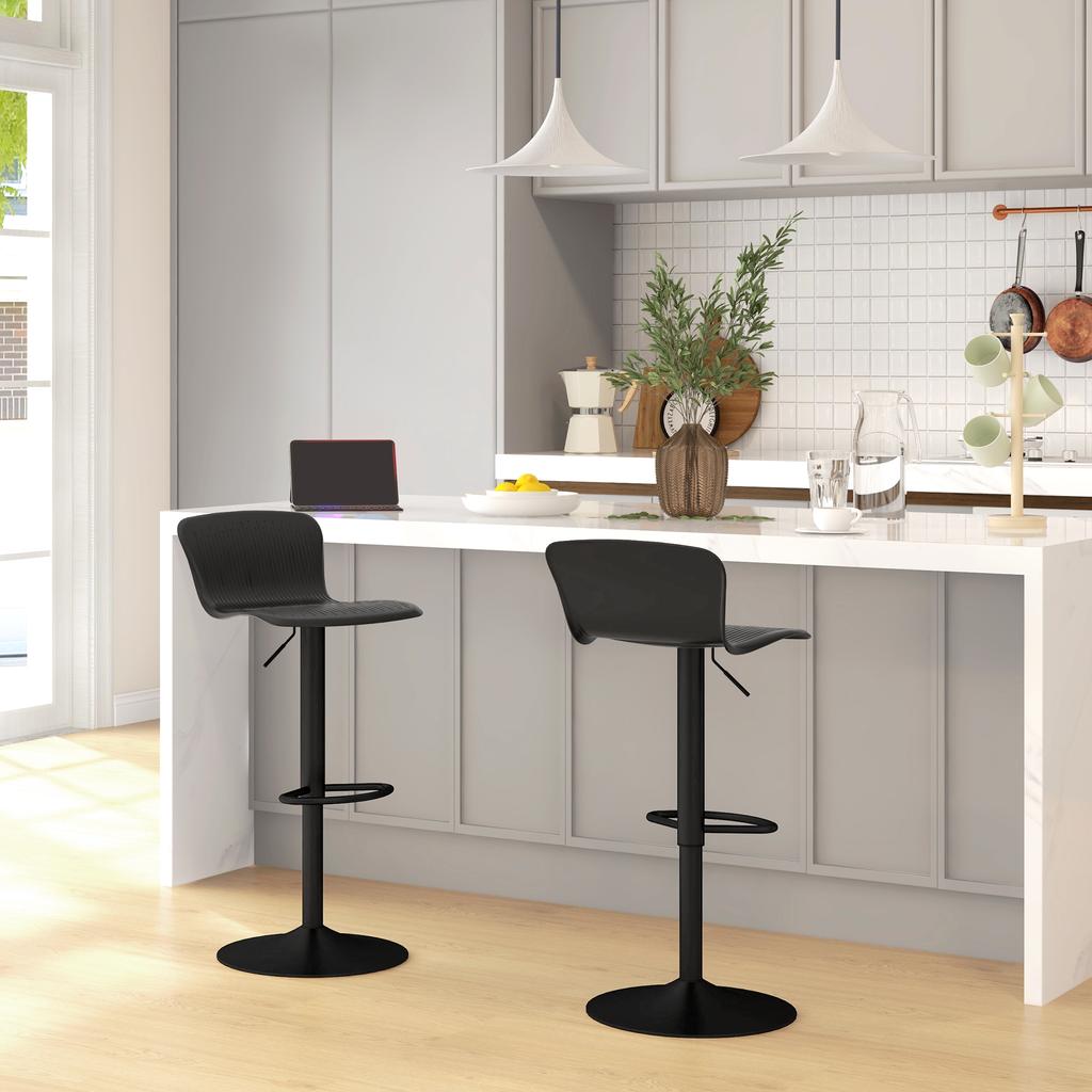 Set of 2 bar stools, height-adjustable bar chairs, backrest and footrest, 38.5x40x76.5-97.5cm, black