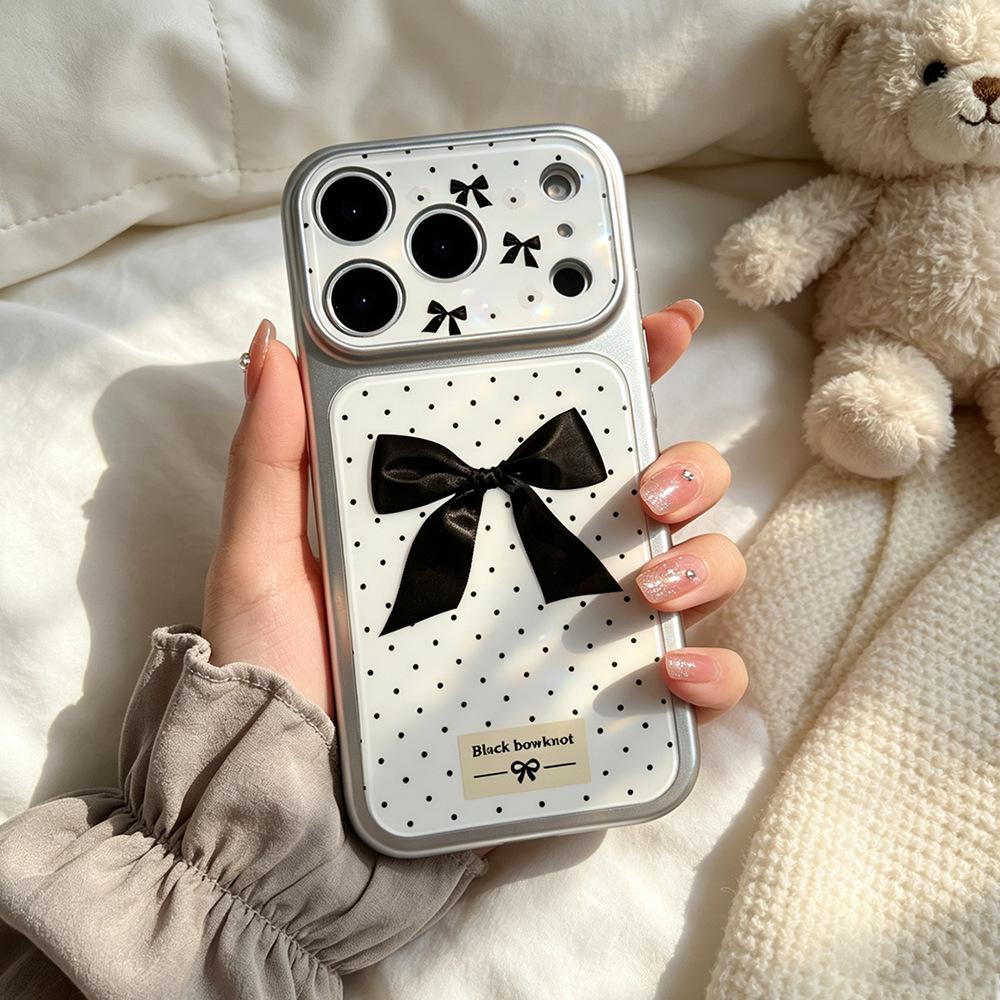 Polka Dot Black Bow Is Suitable for Niche iPhone17Pro Apple 17/16 Mobile Phone Case Imitation Glass 17pm Silicone.