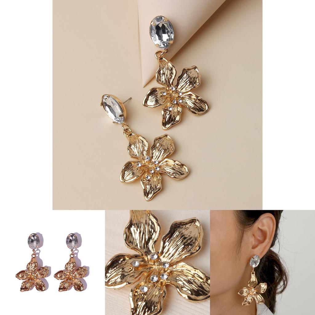 Gold Tone Floral Earrings With Sparkling Stones For Womens Office Wedding And Festive Wear