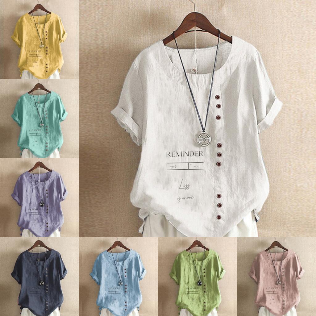 Women's Fashion Round Neck Short Sleeve T-shirt Casual Cotton Linen Graphic Shirt Leisure Loose Letter Pattern Prined Summer Blouse Tops