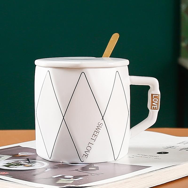Ceramic Cup With Lid Spoon Creative Office Men And Women Drinking Cup Couple Black And White Advertising Campaign Gifts