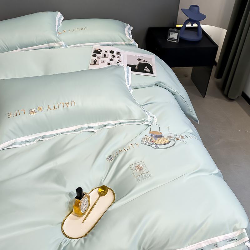 Set da letto in seta lavata, quattro pezzi, copripiumino ricamato di alta qualità in seta di ghiaccio, set da tre pezzi