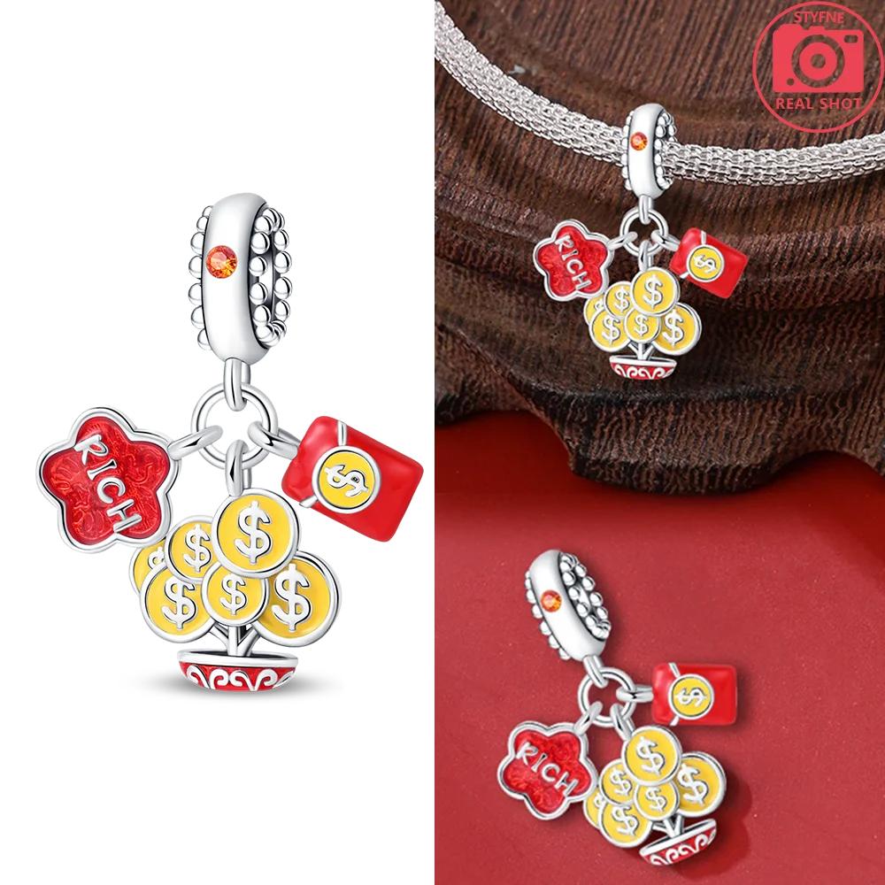 God Of Wealth Lucky Cat Lantern Lion Dance Charms Originalcopper Color Beads Fit Bracelet Diy New Year'S Jewelry Gift