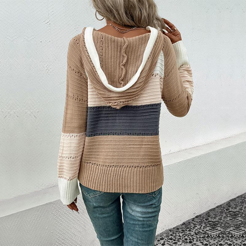 Autumn Women's Knit Blouse Sweatshirt Loose Cozy Casual Hooded Colorblocked Pullover Knit Sweatshirt