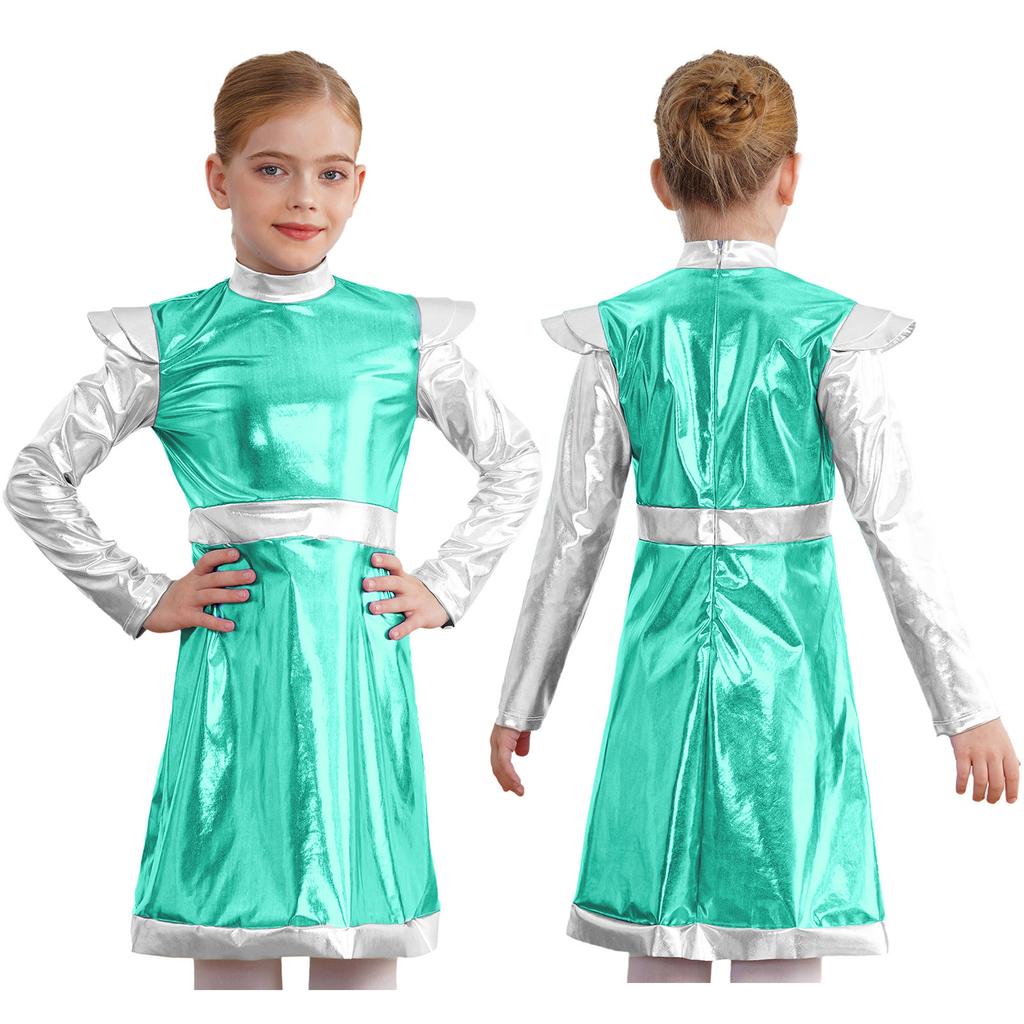 Girls Outer Space Cutie Costume: Shimmering PU Patchwork Alien Dress for Halloween & Sci-Fi Role Play Parties