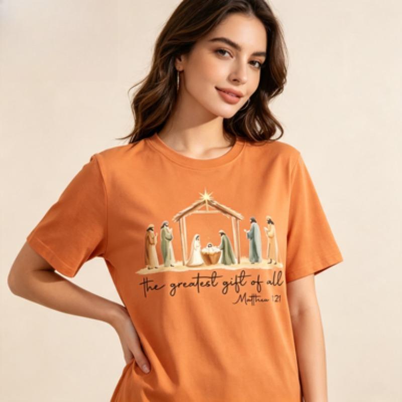 Christmas Unisex Cotton T Shirt Watercolor Nativity Scene The Greatest Gift Of All Matthew Verse Graphic Casual Loose Tops