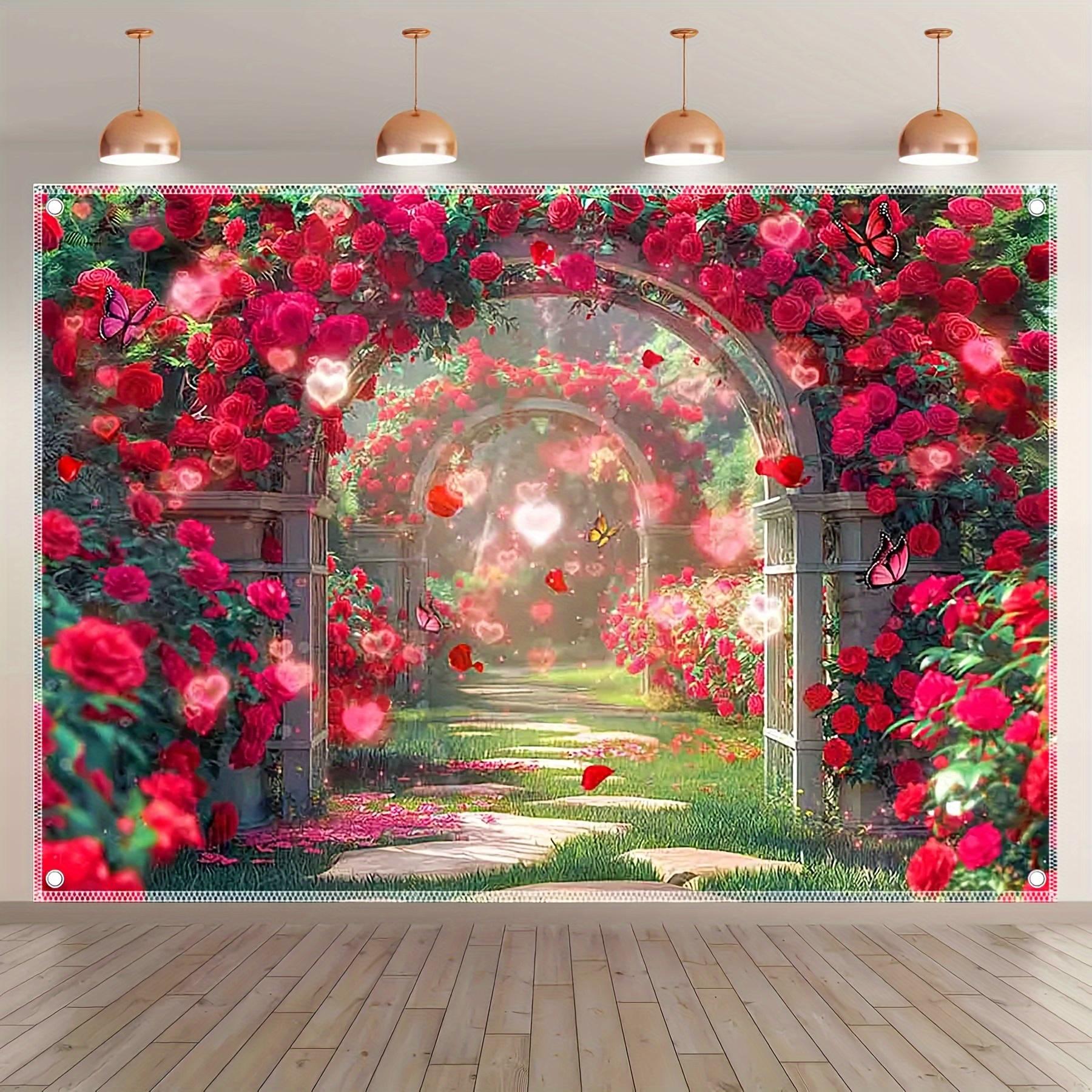 Romantic Rose Arch Polyester Romantic Rose Arch Tapestry  Easy Hang Drilled Holes Love Butterflies Spring Wedding Decor Gar 74x94cm(29x37in)