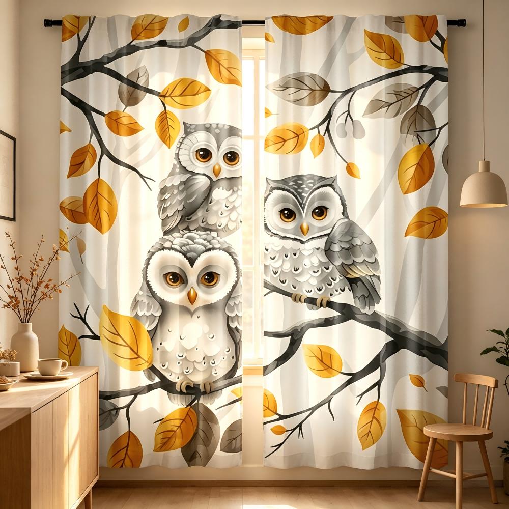 2PCS Digital Printed Curtain, Autumn Owl Family On Tree Branch, Cute Cartoon Fall Style Window Drapes for Kids Bedroom