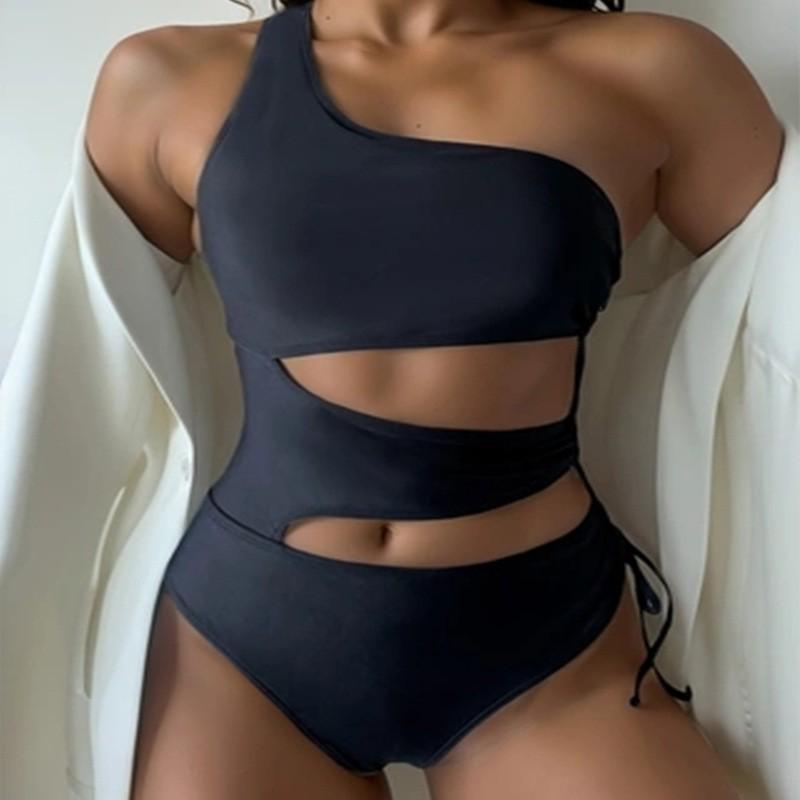 Solid Color Single Shoulder Lace Up Sexy One-piece Swimsuit Slimming Hot Bikini Women S