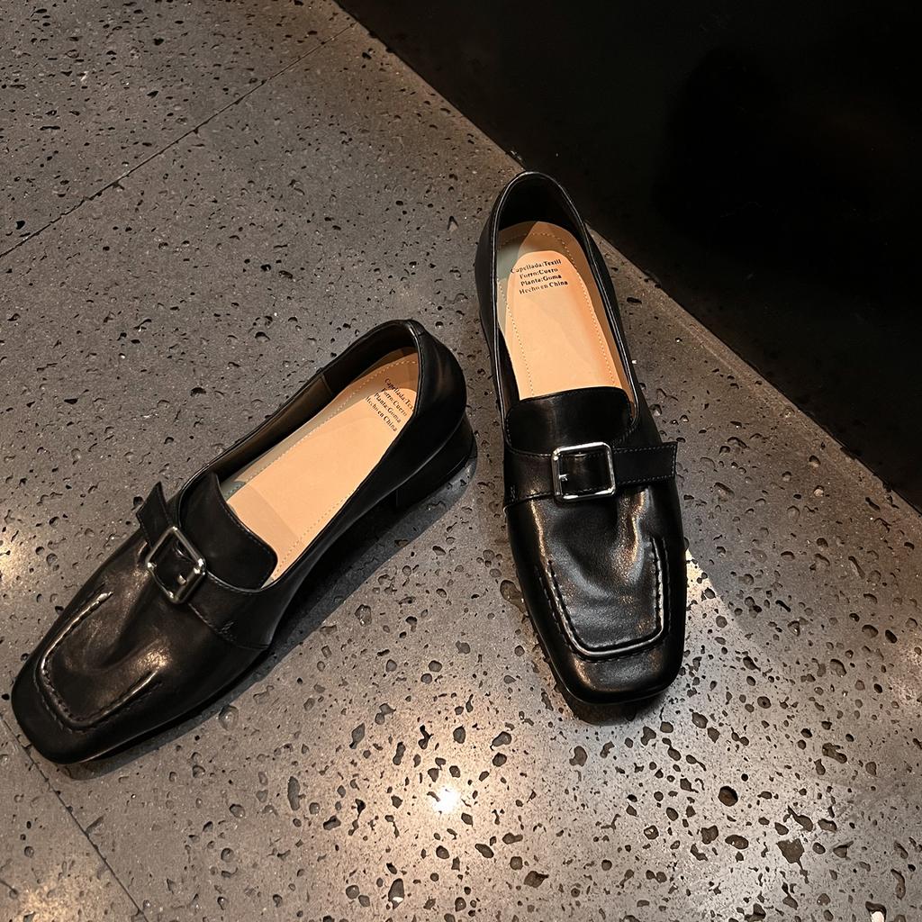 Washed cowhide 34-40 yards 2025 autumn square head middle heel deep mouth single shoes women's shoes square buckle loafers