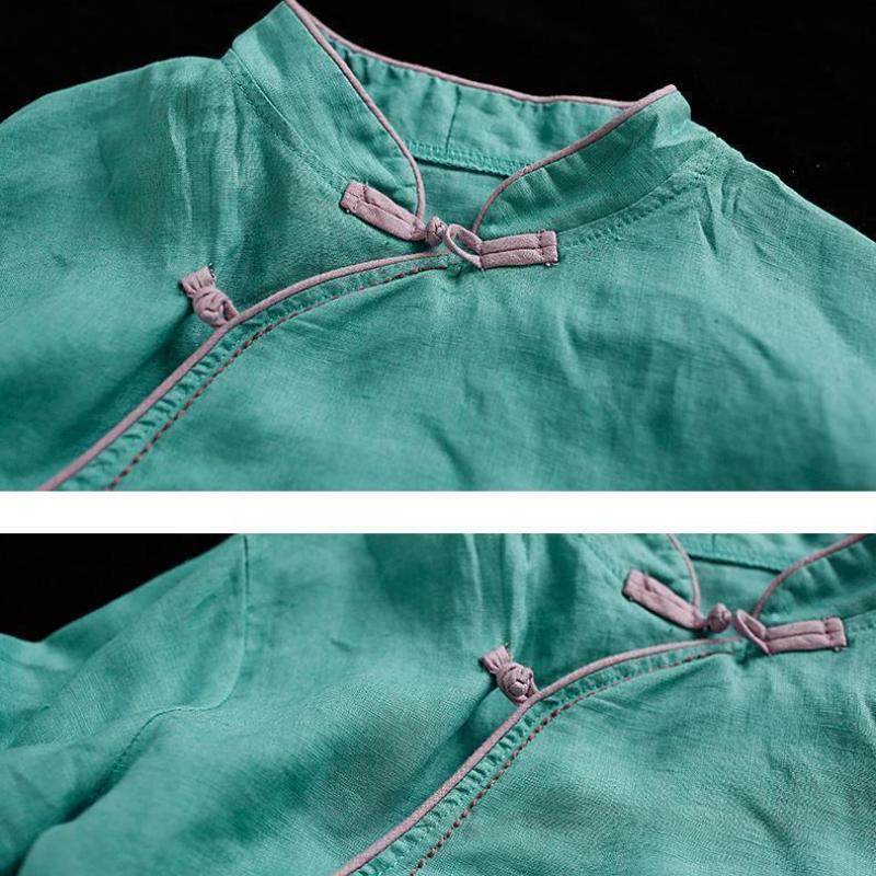 Sommer Retro Baumwolle und Leinen Bedruckte Bluse Damen Lockerer Pullover Retro Lässig Kurzarm T-Shirt