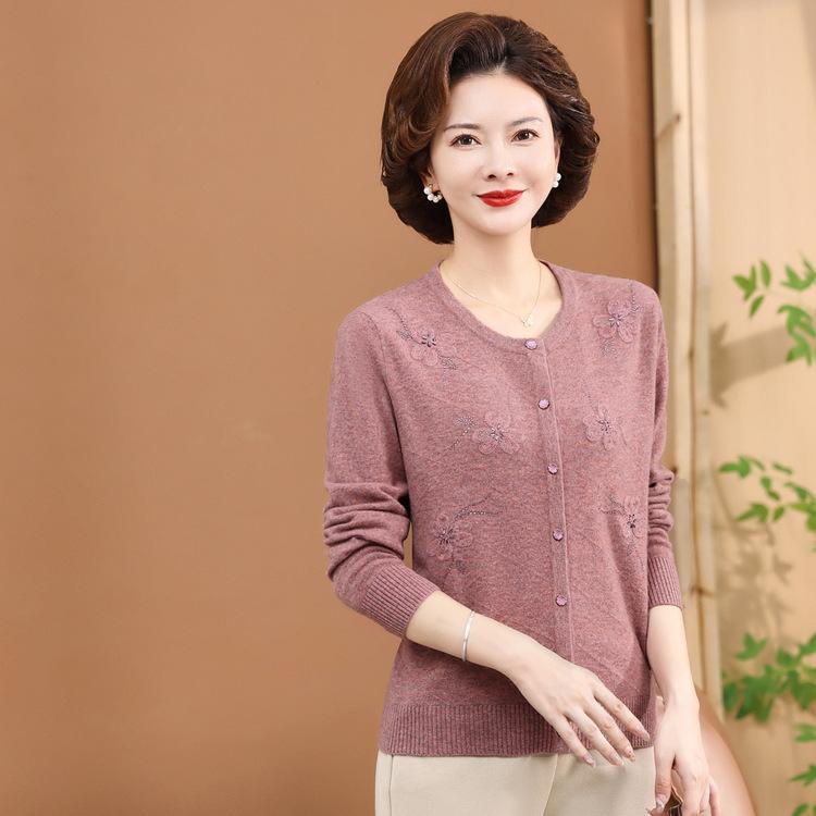 Thin Middle-aged Women's Outer Shirt Middle-aged and Elderly Women's Spring and Autumn Cardigan Mother Jacket Long-sleeved Top