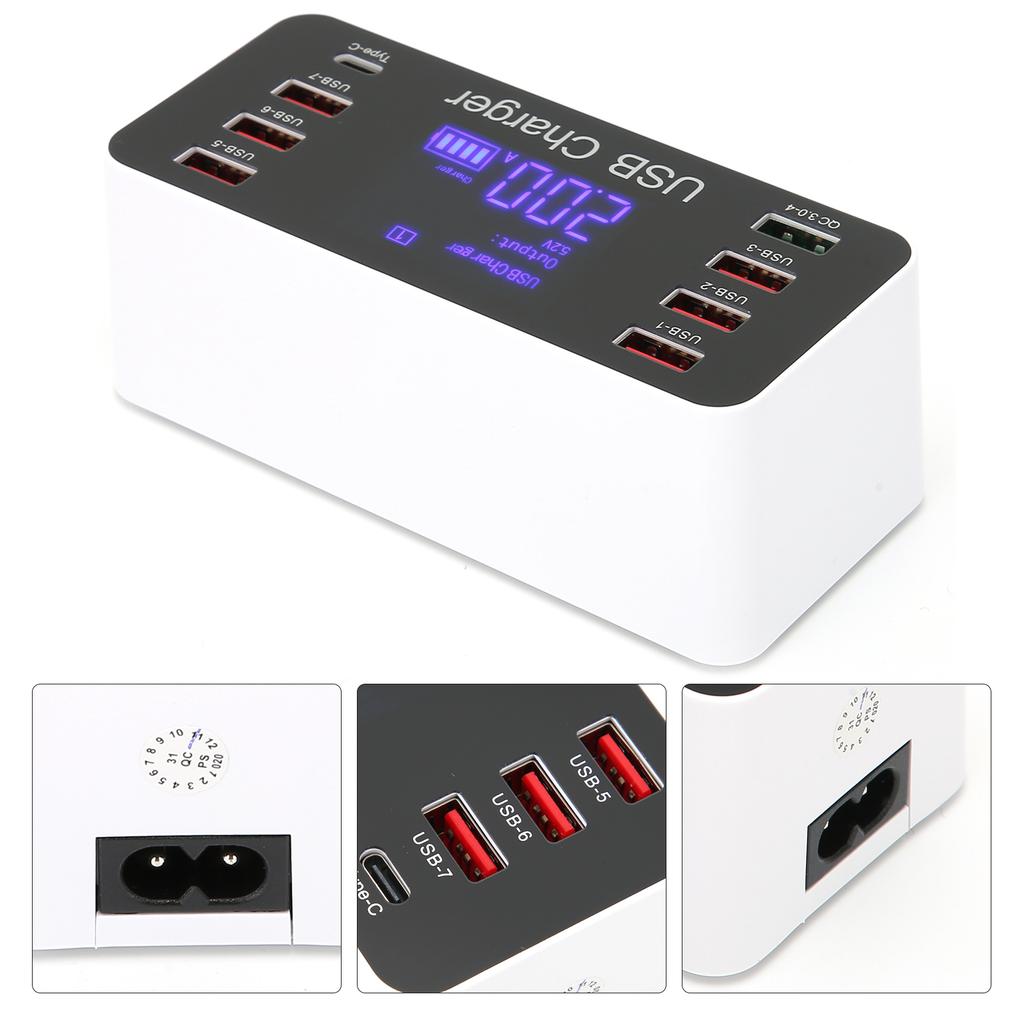 LCD Display USB Charger 8 Port TypeC Quick Charging 40W for Phone Tablet Computer