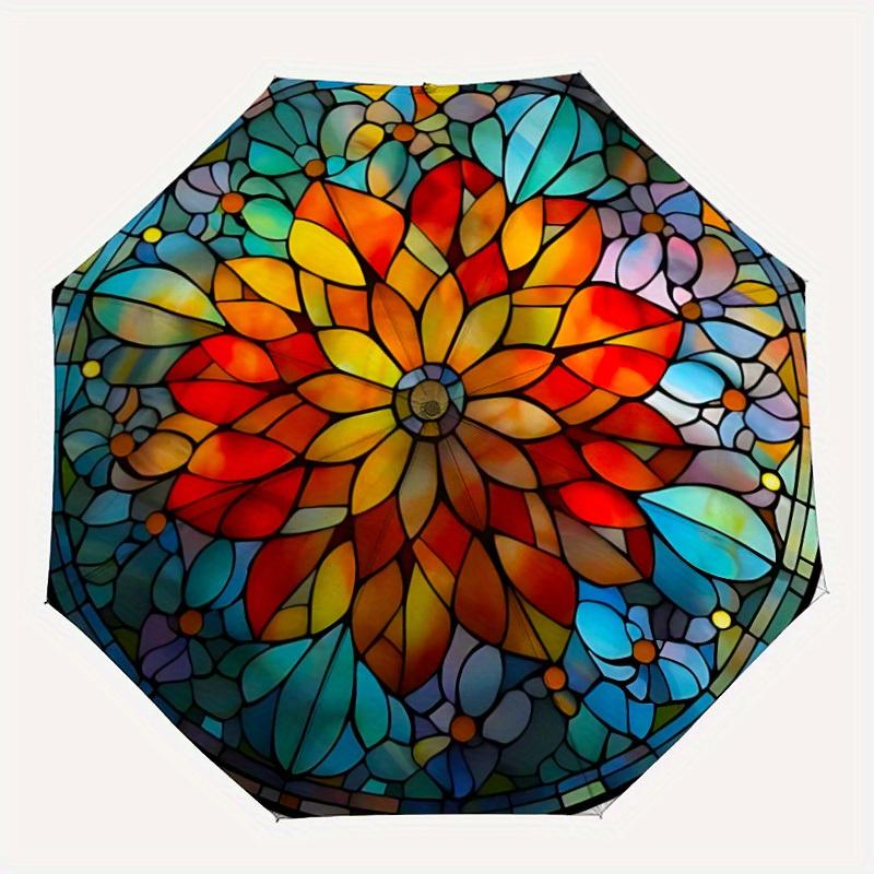 

1pc Stained Glass Mandala Compact Travel Umbrella, Automatic Folding Lightweight Windproof 8-Bone Reinforced Design, Portable for Backpack D