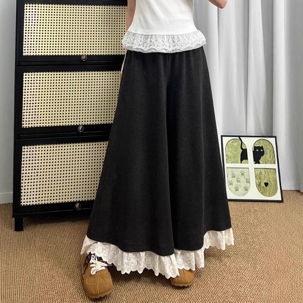 Plus Size Women's Elastic Waist Lace Ruffle Skirt Pants - Slimming, Loose, Wide-Leg, Versatile Fashion.