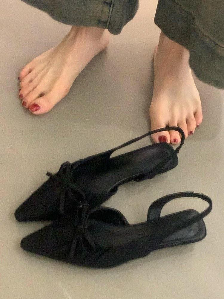 

French evening breeze gentle folds pointed toe bag head sandals women s spring and summer outer wear empty flat heel 35