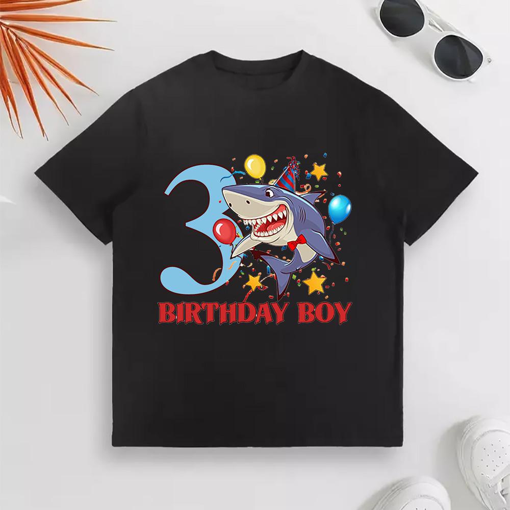 Shark Birthday Digital Funny Print Children's Short Sleeve T-shirt Suitable for Everyday Wear In Summer
