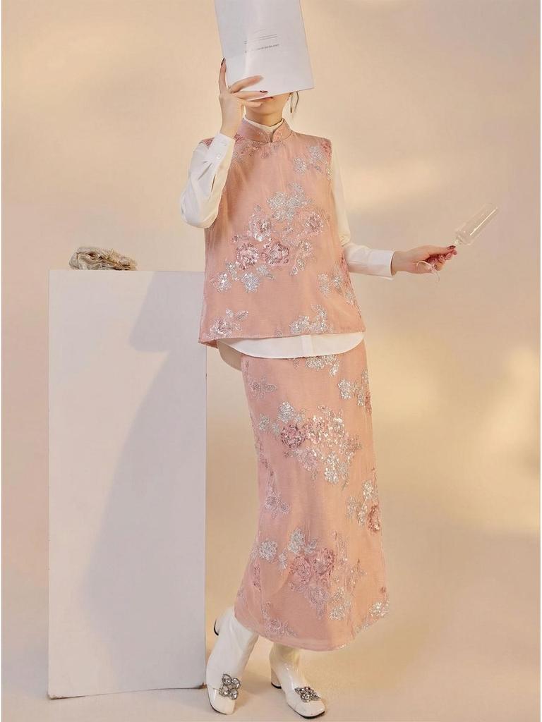 Elegantes chinesisches Retro-Westen- und Rock-Set mit Knöpfen und Jacquard P0124