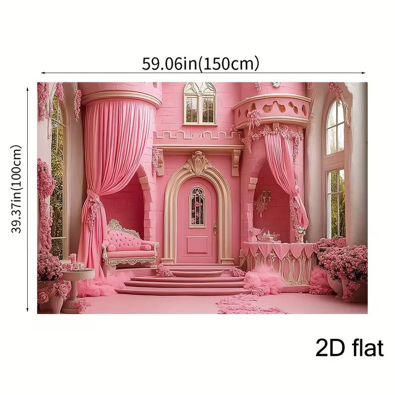 2D Fairy Tale Pink Castle Backdrop, Elegant Floral Princess Palace Background for Birthday & Studio