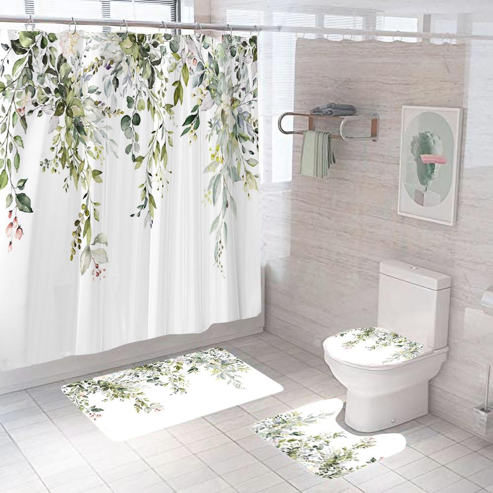 Green Leaves Shower Curtain Sets Spring Rural Plant Flower Bathroom Curtains Non-Slip Toilet Lid Cover Rug Baths Mats Home Decor