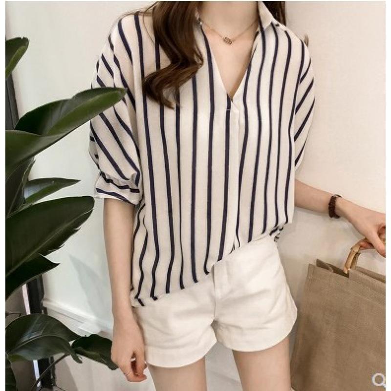 1116 Spring New Han Fan Lace-up Seven-Sleeve Striped Shirt Women's Loose Casual Chiffon Bottom Top Women's