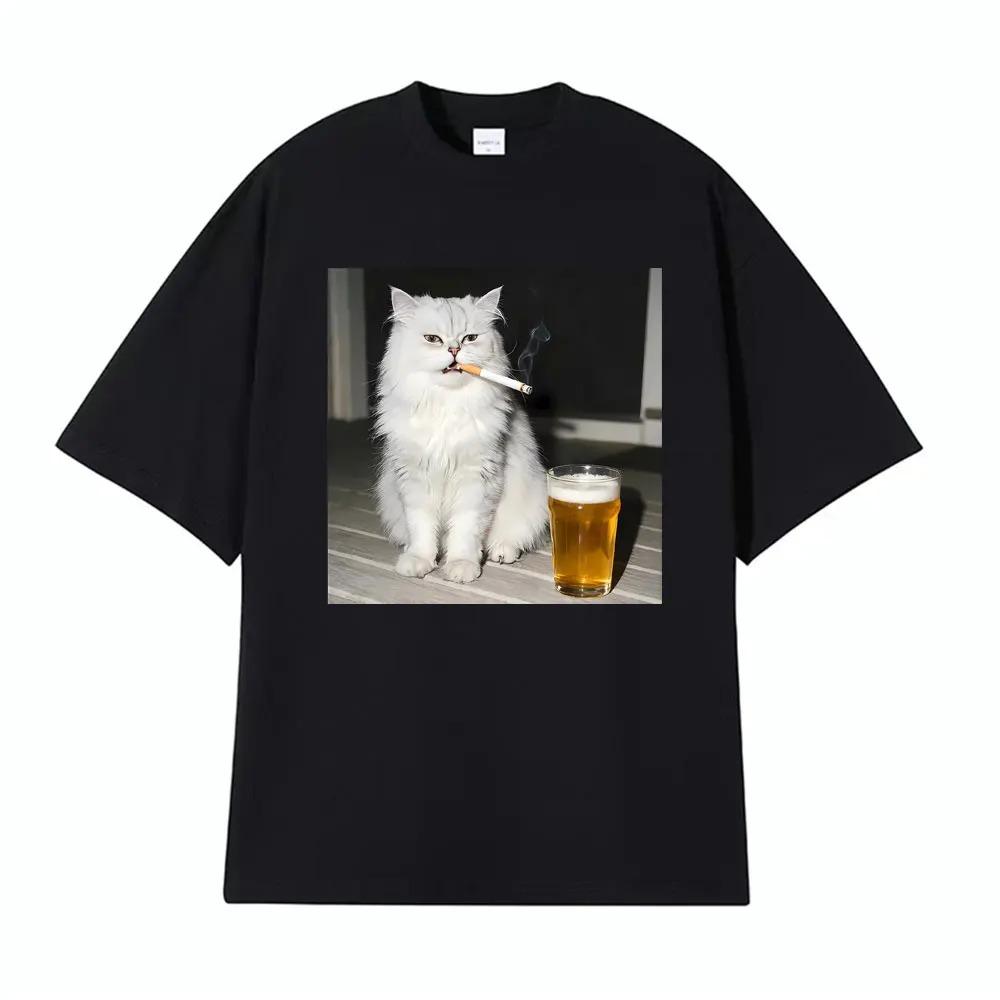 Fun Persian Cat Retro TShirt Smoking and Drinking Unisex Short Sleeve Casual Cool and Stylish Unisexs and Womens TShirt