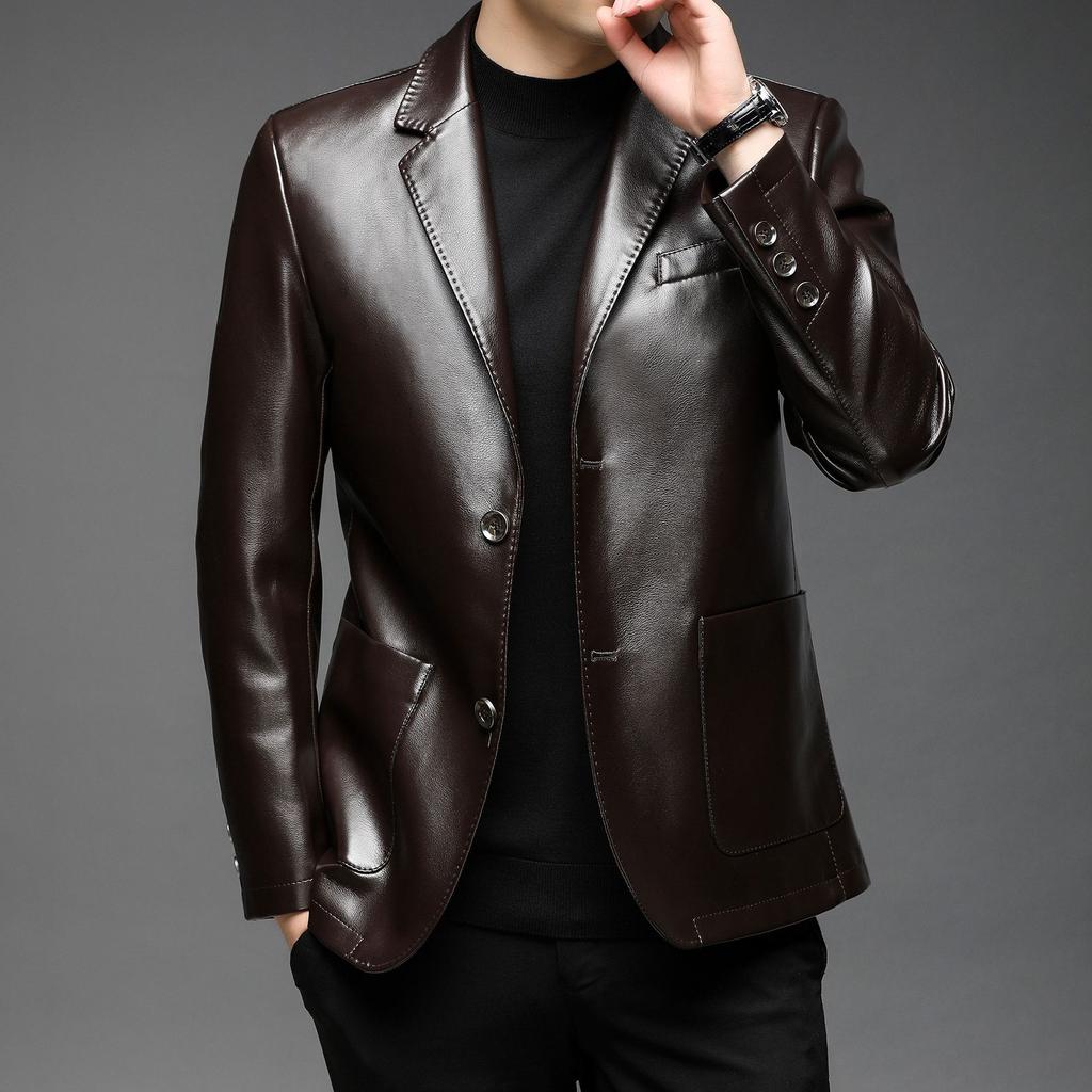 Leather Jacket Men's Autumn and Winter New Men's Clothing Soft Leather Suit Collar Leather Jacket Men's Two-button Casual Leather Suit